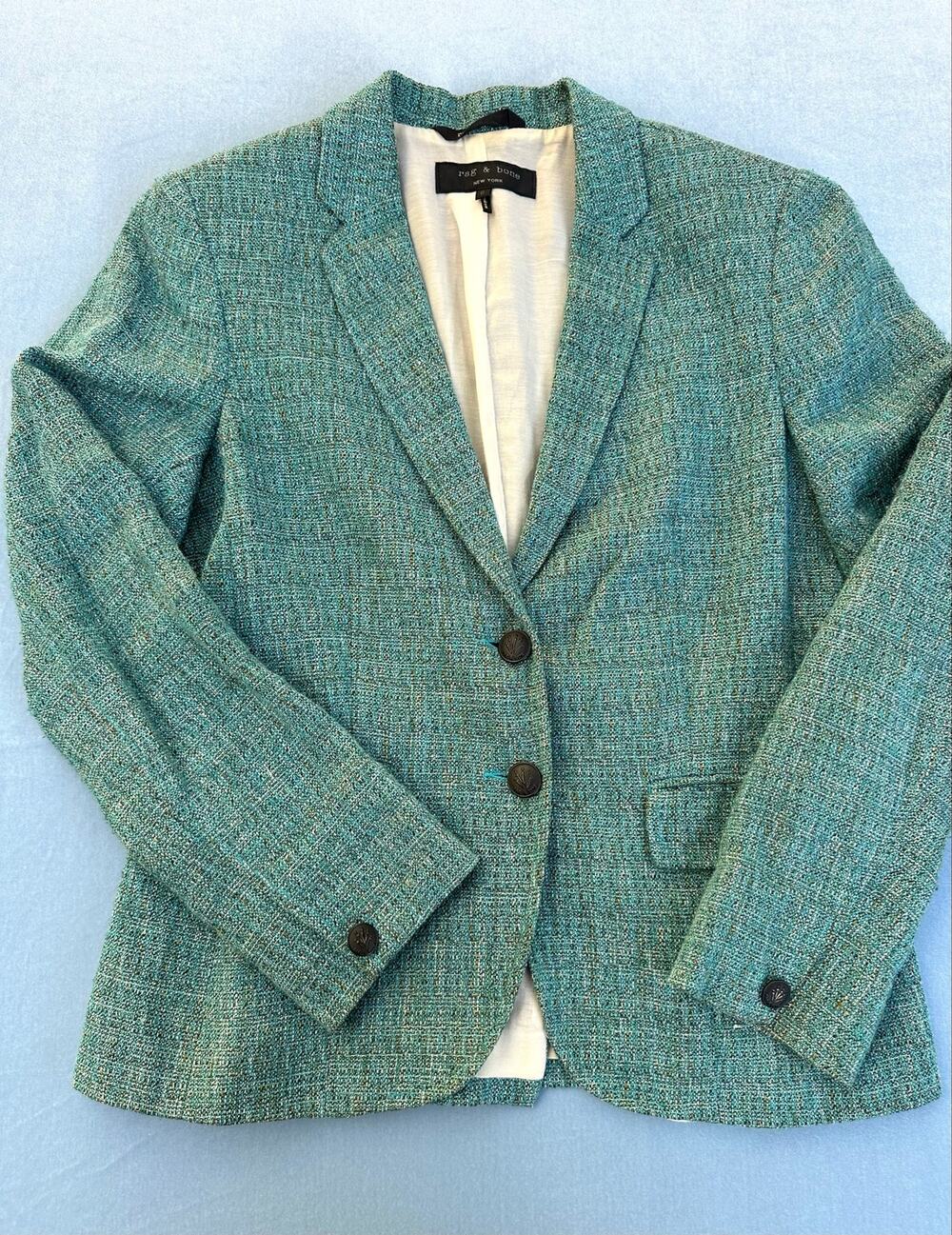 Rag & Bone Tweed Blazer Jacket Size 6 Teal Blue Cotton Linen Silk Blend USA
